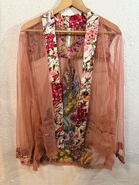 Aratta Mesh Embroidered Floral Open Jacket Cardigan Sz L Artsy Festival Fairy